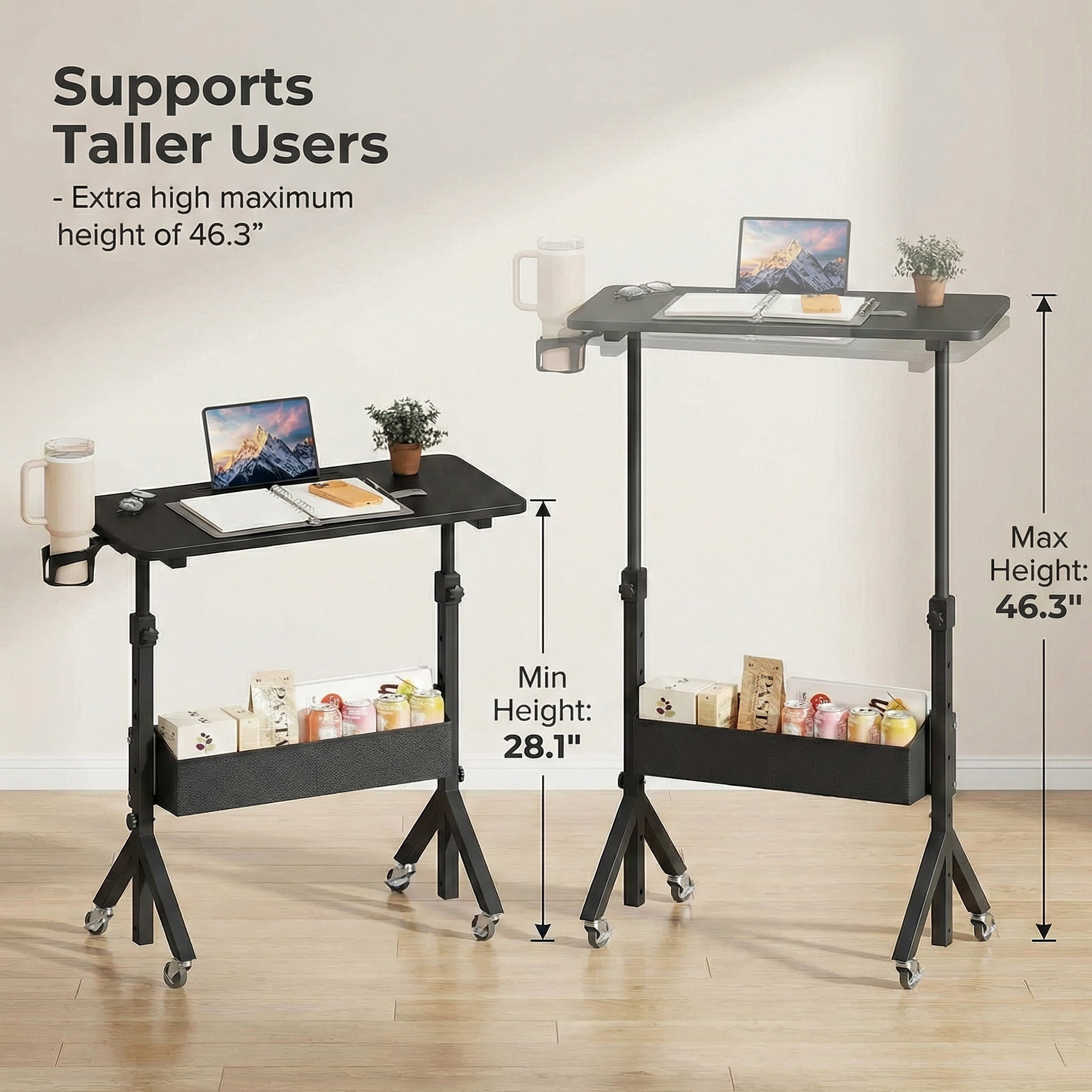 Kyspho Mobile Standing Desk with Wheels & Storage, Adjustable Height Rolling Laptop Cart with Cup Holder, Fits Treadmills, Black, 31.5" x 15.75"