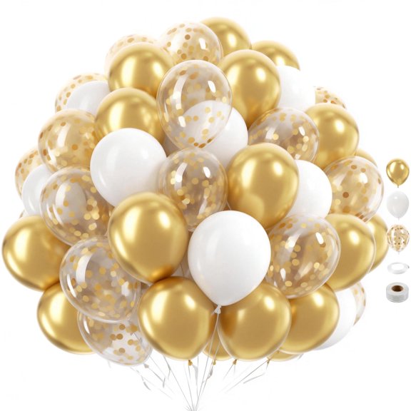 White and Metallic Gold Balloons, 60 Pack 12 inch gold and white Balloons with Ribbons for Birthday Graduation Wedding Bridal Shower Party Decorations