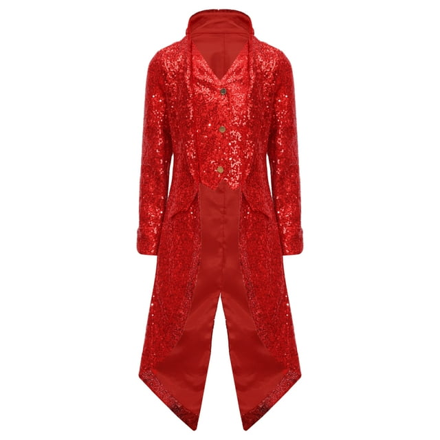 Yeahdor Blazer à Sequins Scintillants pour Garçons, Veste de Queue-de-Pie Médiévale Gothique Steampunk Victorienne Rouge 14