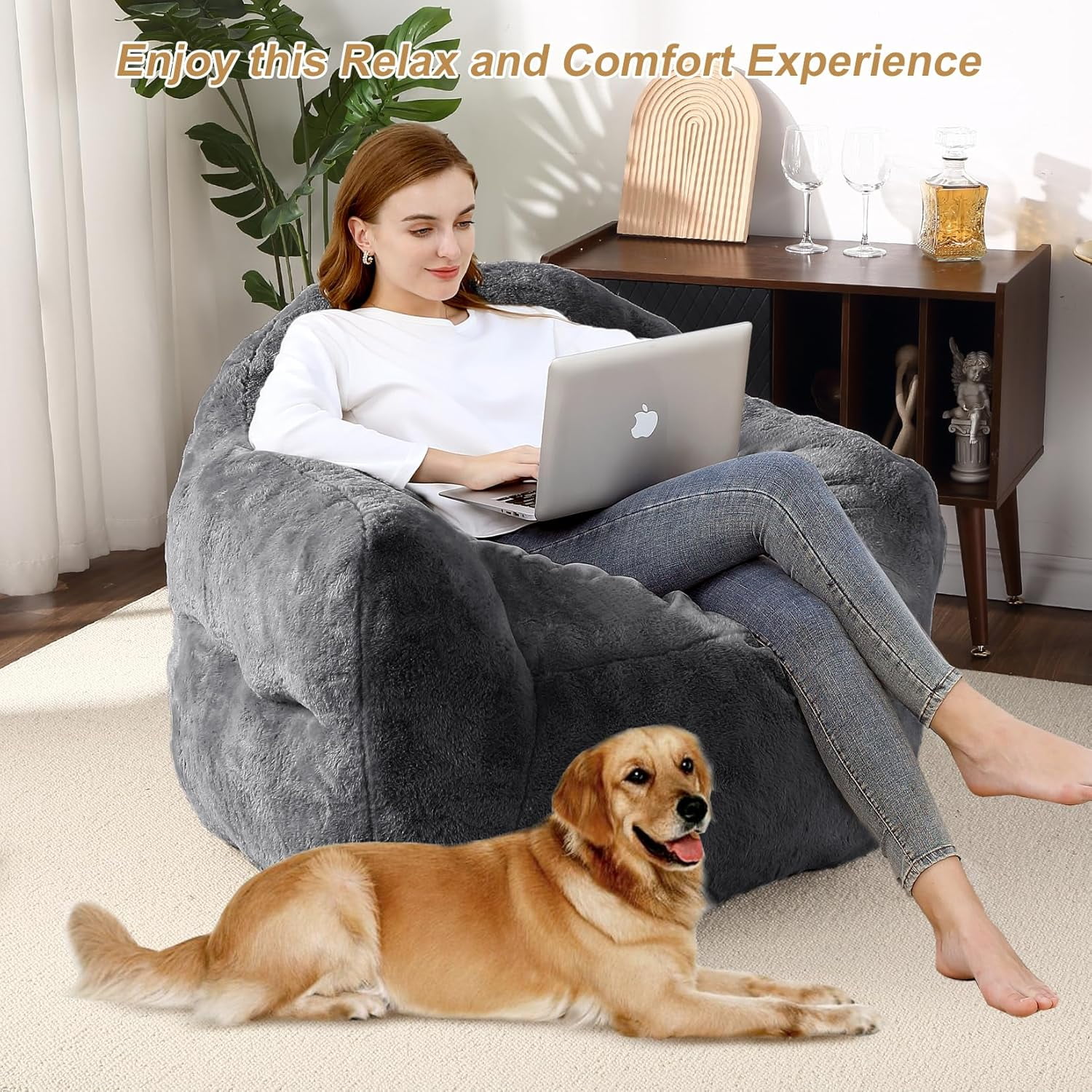 Bean Bag Chair, 39” Bean Bag Couch Kids Bean Bag Chair with Filler Included, Beanbag Chair Soft Adult Bean Bag Sofa Chair Floor Sofa for Gaming Reading, Dark Grey