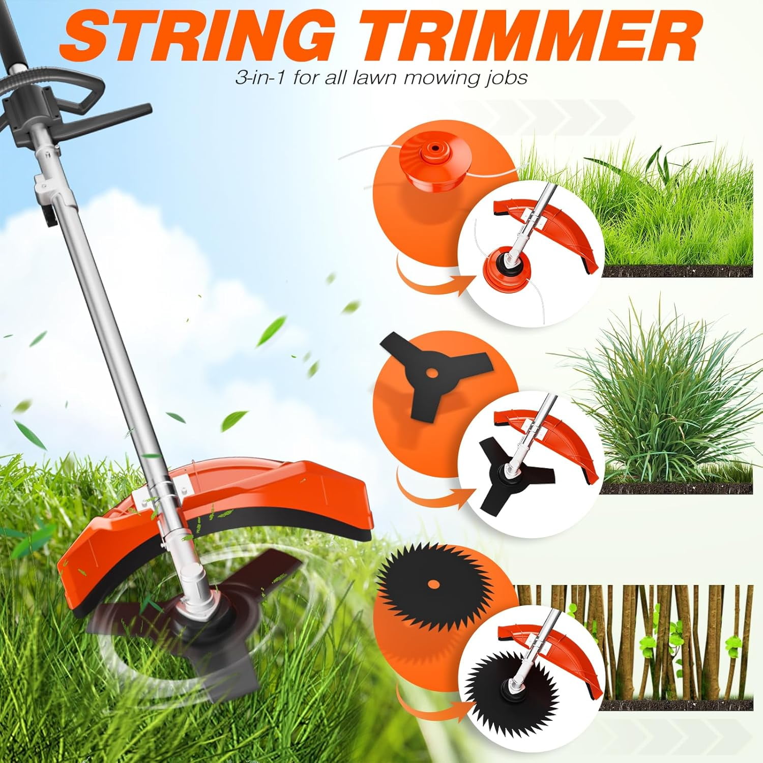 EAYSG 6 in 1 52cc Brush Weed Cutter Petrol Hedge Trimmer Grass Pruner Chainsaw Trimmer with Four Mowing Heads for Gardening Care