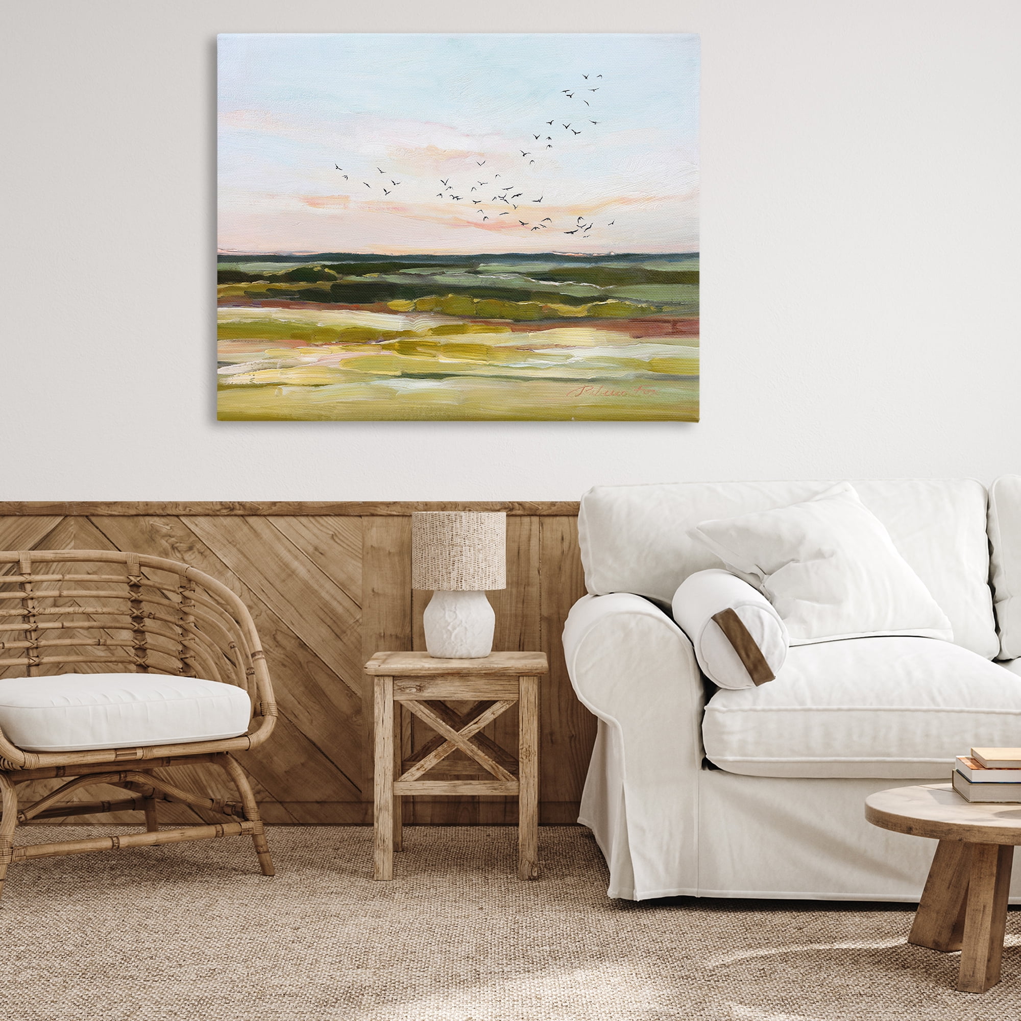 Stupell Industries Bird Flock over Grassland Landscape & Nature Painting Wrapped Canvas Art Print Wall Art, 48 x 36