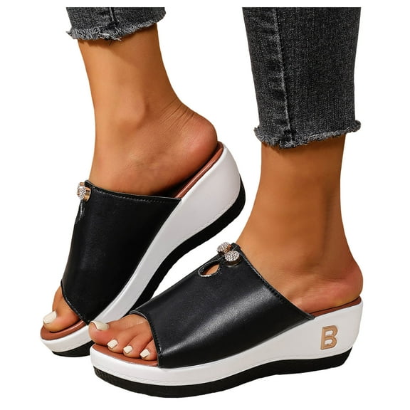 Women's Rhinestones Platform Wedges Slides Sandals Stylish Bling Leather Crystal Slip on Dress Summer Shoes