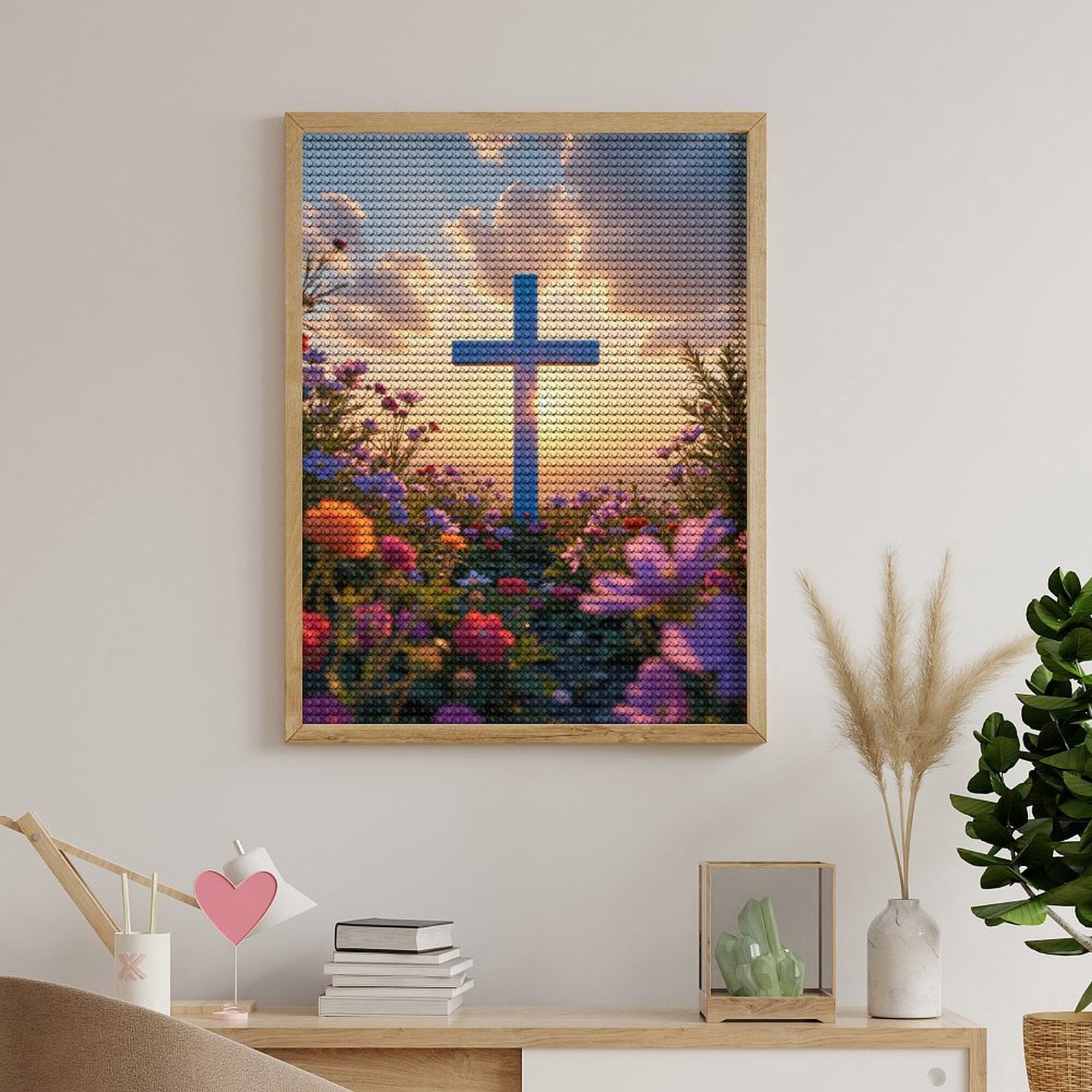 Diamond Art Kits for Adults - Sunset Flower Cross Landscape 5d Diamond Painting for Adults, Diamond Art for Adults Beginners, Frameless Diamond Painting Kits for Adults for Home Wall Decor