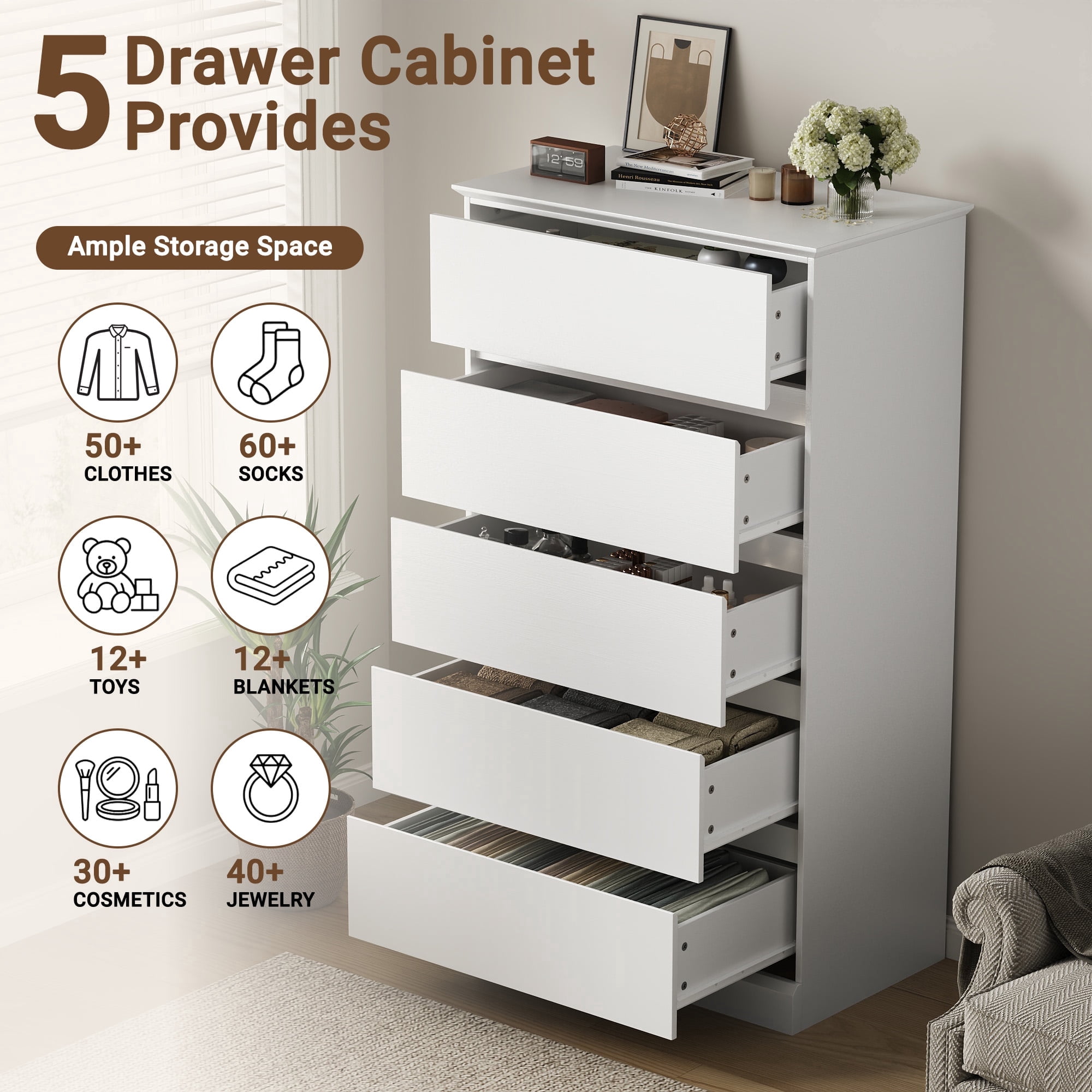 White 5 Drawers Dresser for Bedroom, Modern Chest of Drawers, Wood Storage Dresser with Deep Drawers for Living Room Hallway Entryway,