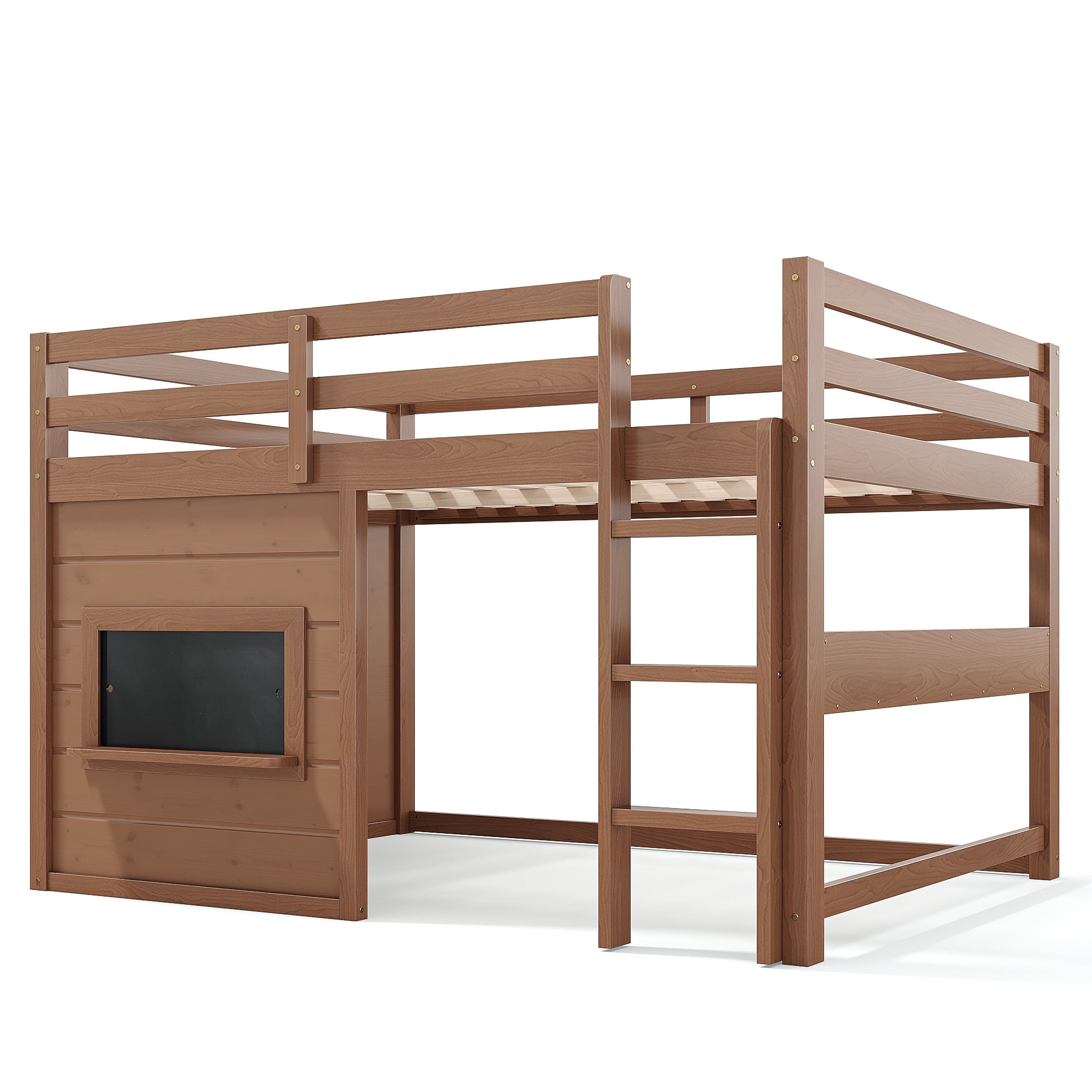 Leumius Full Size Loft Bed with Storage Shelves,Solid Wood Low Loft Bed Frame with Chalkboard and Bookshelf,Space Saving,Natural