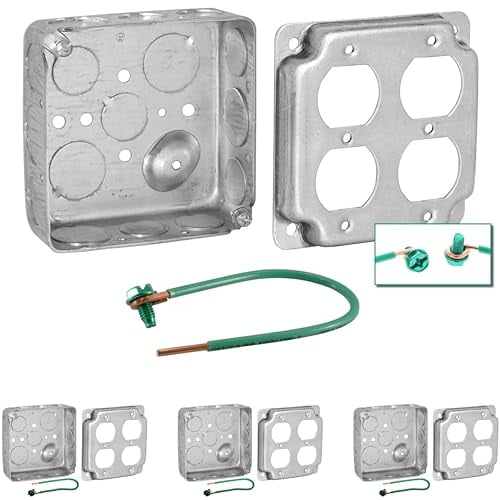 (4 Pack) 4"Square Electrical Box, 2-Gang Duplex Receptacle Cover, Crushed Corners, 10×1/2" & 6×3/4"Knockouts, 1.5" Deep, Green Ground Wire/Screw | Tools & Hardware Other