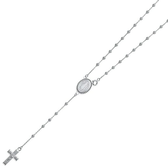 14K Solid White Gold 2.5mm Puff Ball DC Guadalupe Rosary Round Necklace 20"