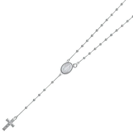 14K Solid White Gold 2.5mm Ball Guadalupe Rosary Rounded Diamond Cut Necklace Religious Cross Crucifix Jesus Rosario Mother Mary 20