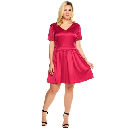 Satin V-neck A-line Dress - Women Plus Sizes V-Neck Short Sleeve Solid Satin A-Line Short Dress HFON