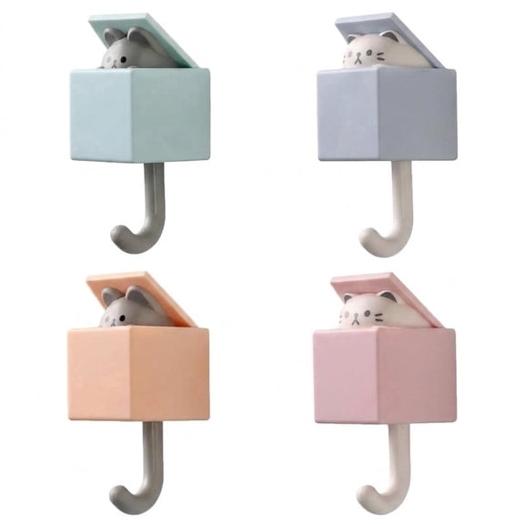 4 Pack Cute Cat Self-Adhesive Wall Hooks, Heavy Duty Waterproof Towel Hooks for Bathroom, No-Drill Decorative Hooks for Coat, Scarf, Hat, Key, Window Glass Door