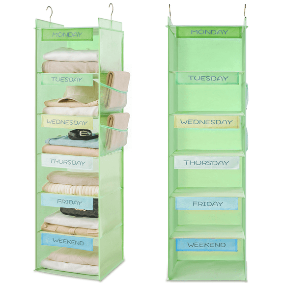 VOZOGO Closet Hanging Storage Shelves , 6-Shelf Hanging Closet Organizer with Bamboo Inserts, Foldable Closet Organizers and Storage for Bedroom,Sturdy Hook Closet Storage With 2 Side Pockets,Green