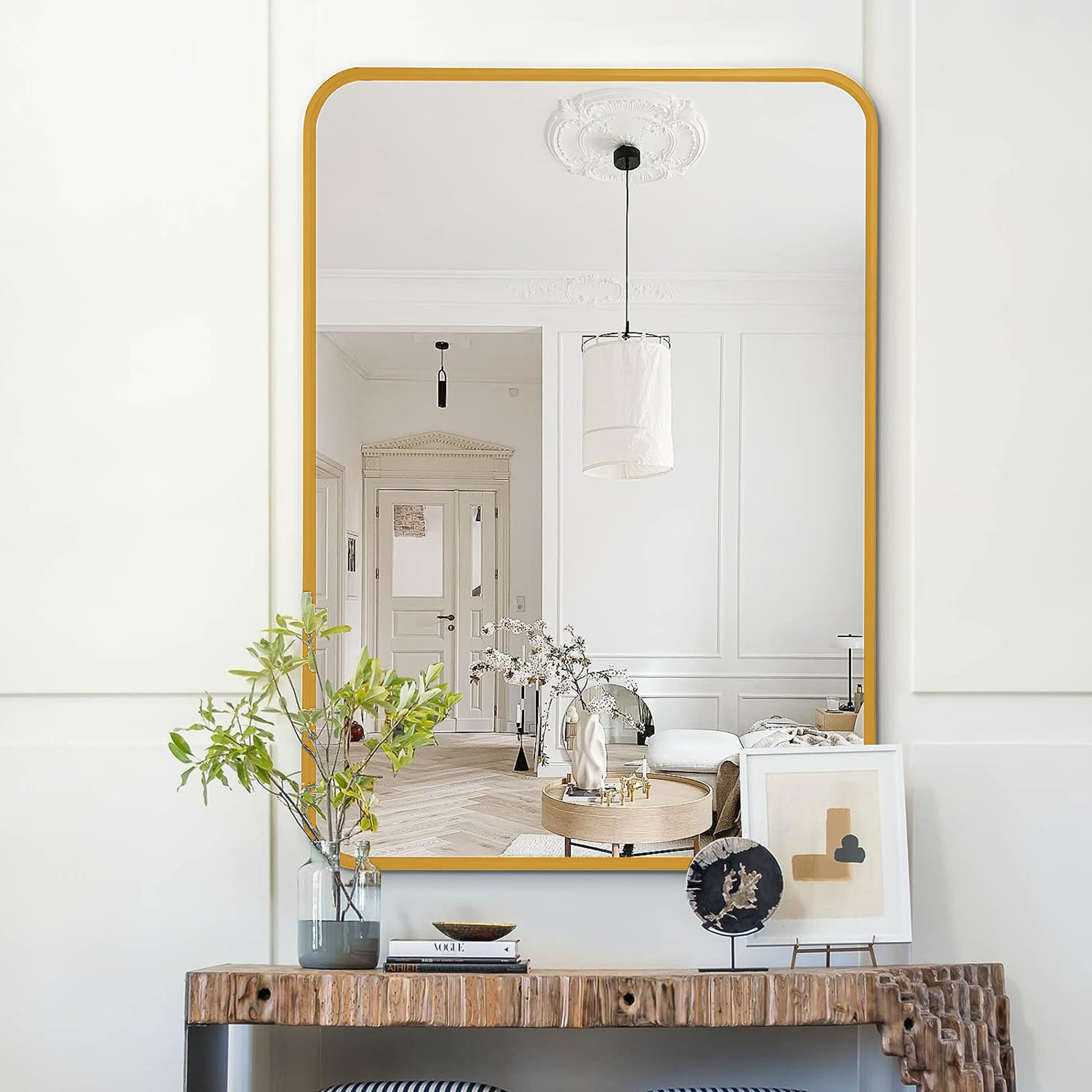 Noble House 22"x30" Rectangular Bathroom Wall Mirror, Aluminum Alloy Frame, HD Shatterproof Glass, Gold