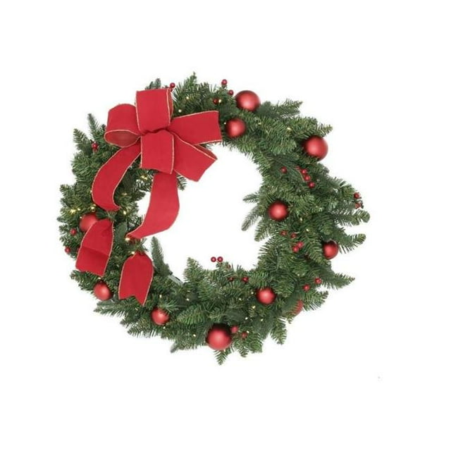 National Tree DC3-186-36WB-1 36 Po Collection Décorative Velours Rouge Couronne de Sapin Mixte avec 100 Lumières LED Blanc Chaud à Piles