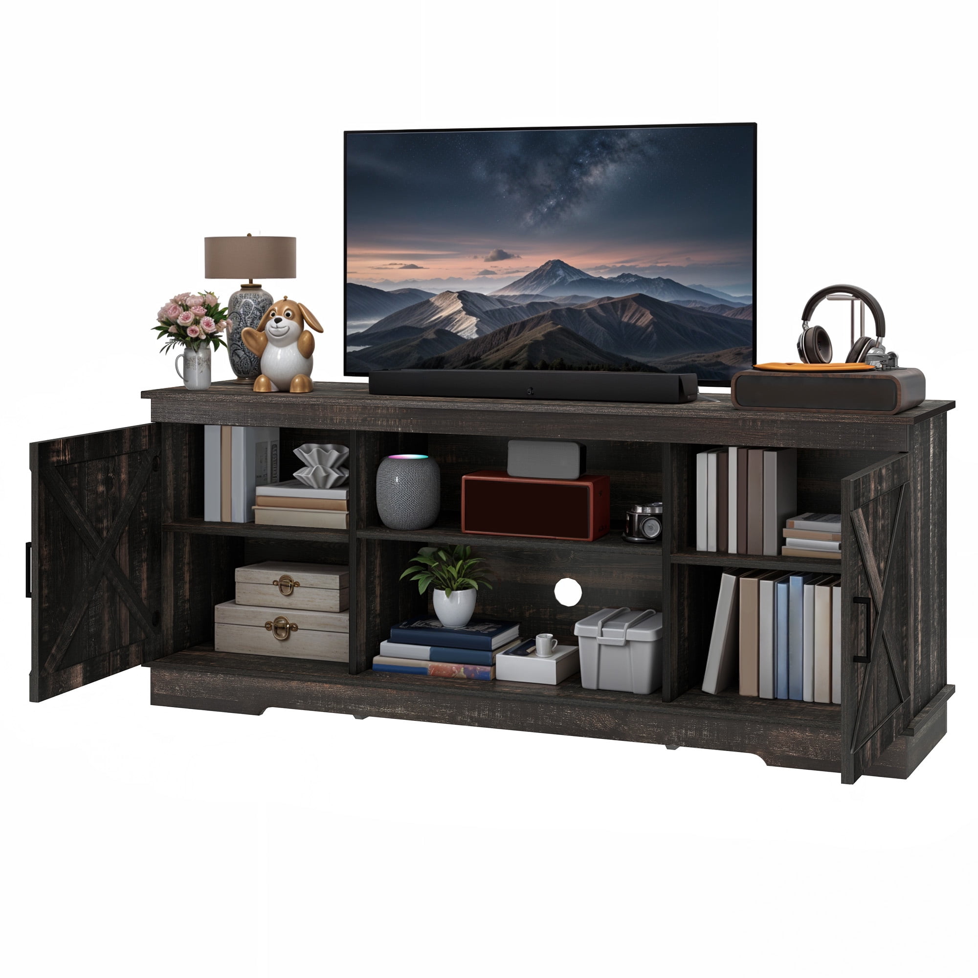 Uforic Farmhouse TV Stand for up 65" TVs, Entertainment Center Console Table for Living Room, Dark Oak