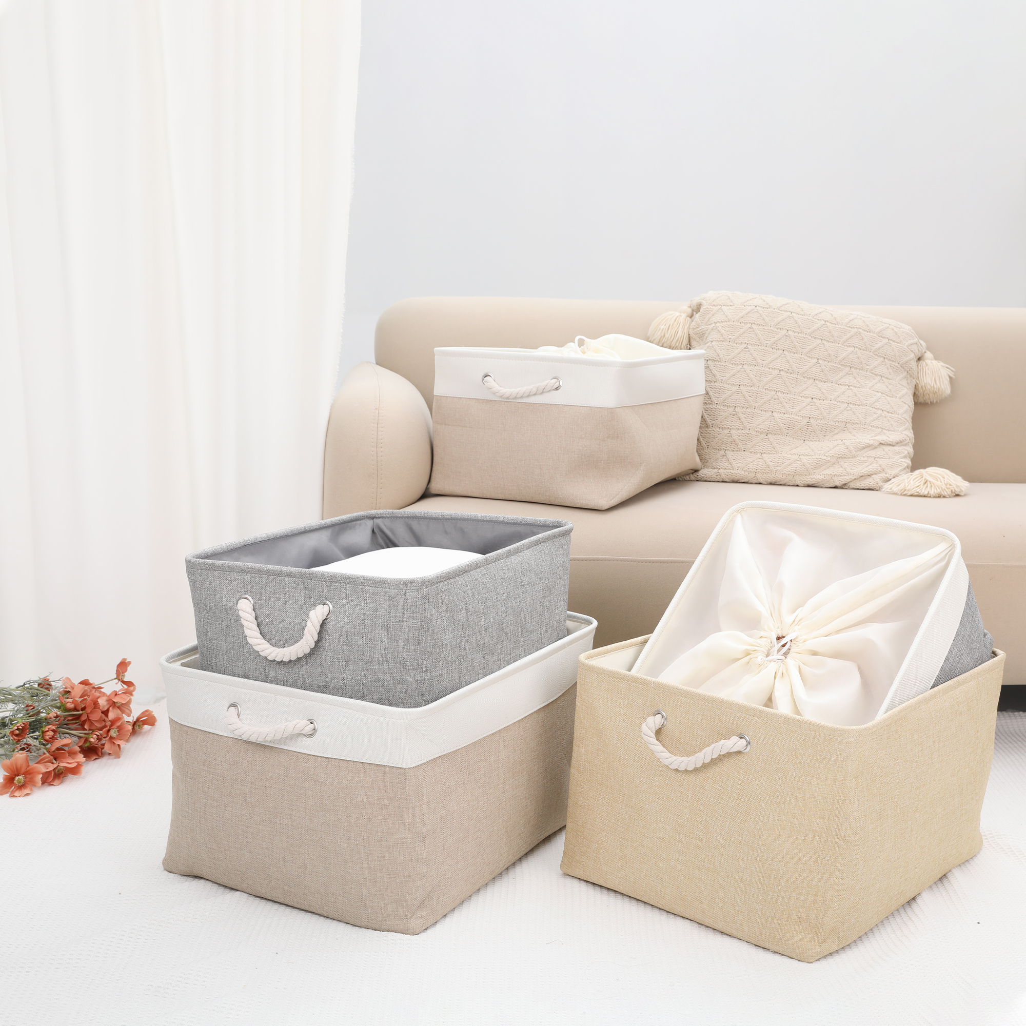 Unique Bargains Fabric Storage Cube Storage Bin Storage Basket White 17.7*13.8*10in