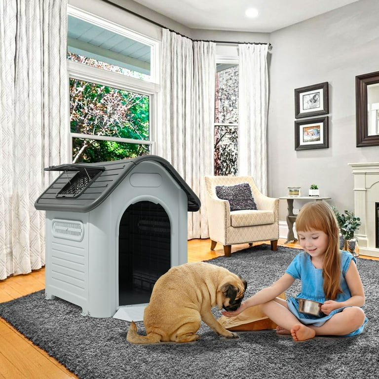 Dextrus Large Dog House Outdoor Plastic Doghouse Water Resistant Pet House with Adjustable Skylight and Elevated Base for Small Medium and Large