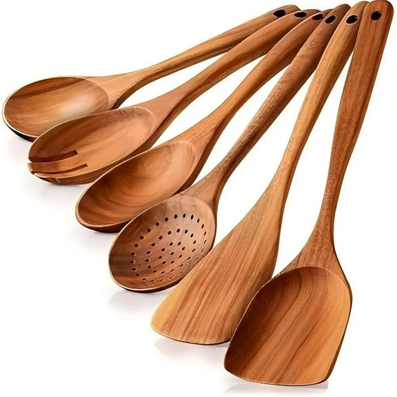 Wooden Spoons for Cooking 6 Pcs – Wooden Kitchen Utensils Set – Wood Utensil Set – Comfortable Grip & Lightweight Wooden Utensil for Cooking – Wood Spatula Set Perfect for Non-Stick Cookware