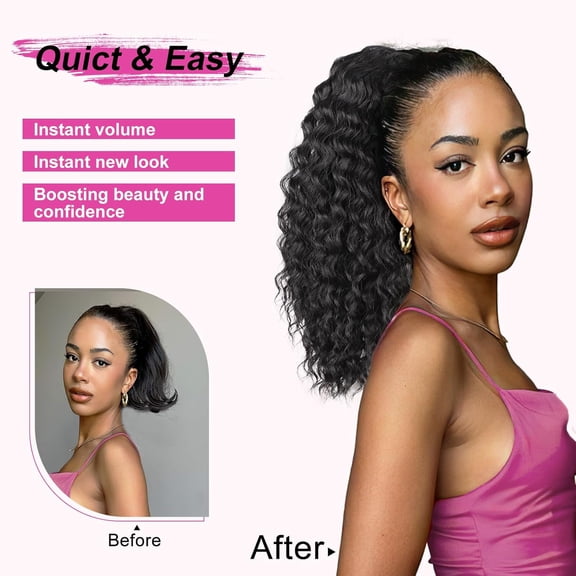 SHILIU-Curly Ponytail Extension Drawstring Full Fake Ponytail 18 Inch Curly Synthetic Pony Tails Hair Extensions(Black Brown)