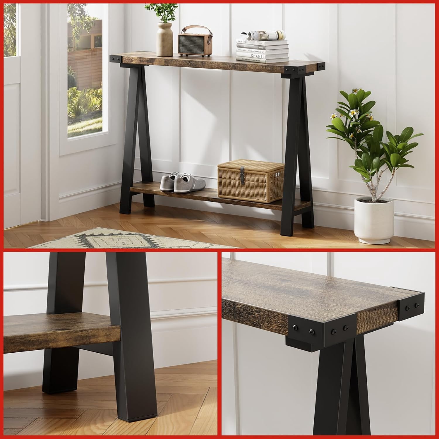 Farmhouse Narrow Entryway Table, 43.3" Console Table with Storage, 2 Tier Sofa Table with Metal Frame and MDF, Narrow Console Table for Living Room, Hallway, Entryway-Rustic Brown