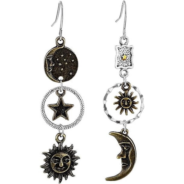 Xiao Hua Pendientes colgantes vintage de sol, luna y estrella, de bronce, góticos, asimétricos, con cara de sol y luna para mujer, ideal para fiestas de máscaras (bronce).
