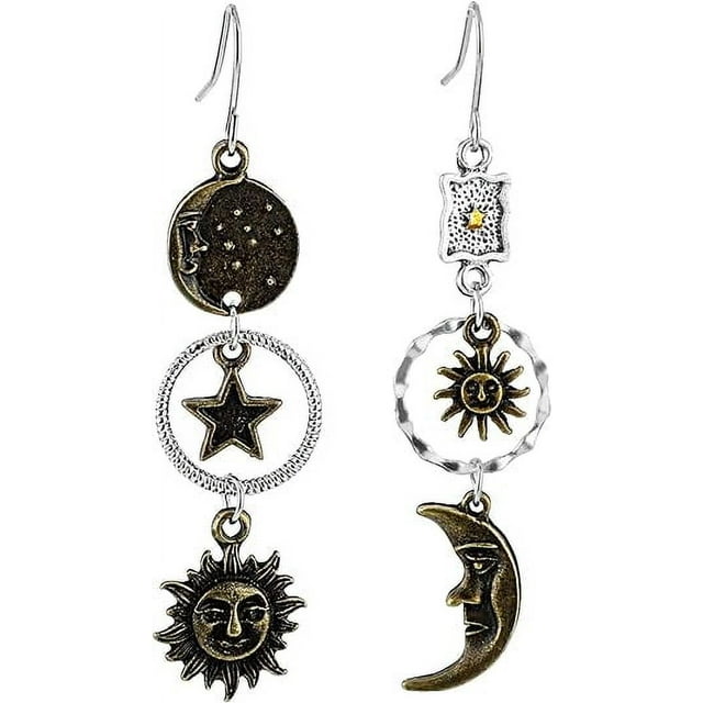 Nvzi Pendientes vintage con diseño asimétrico de bronce y luna (bronce)