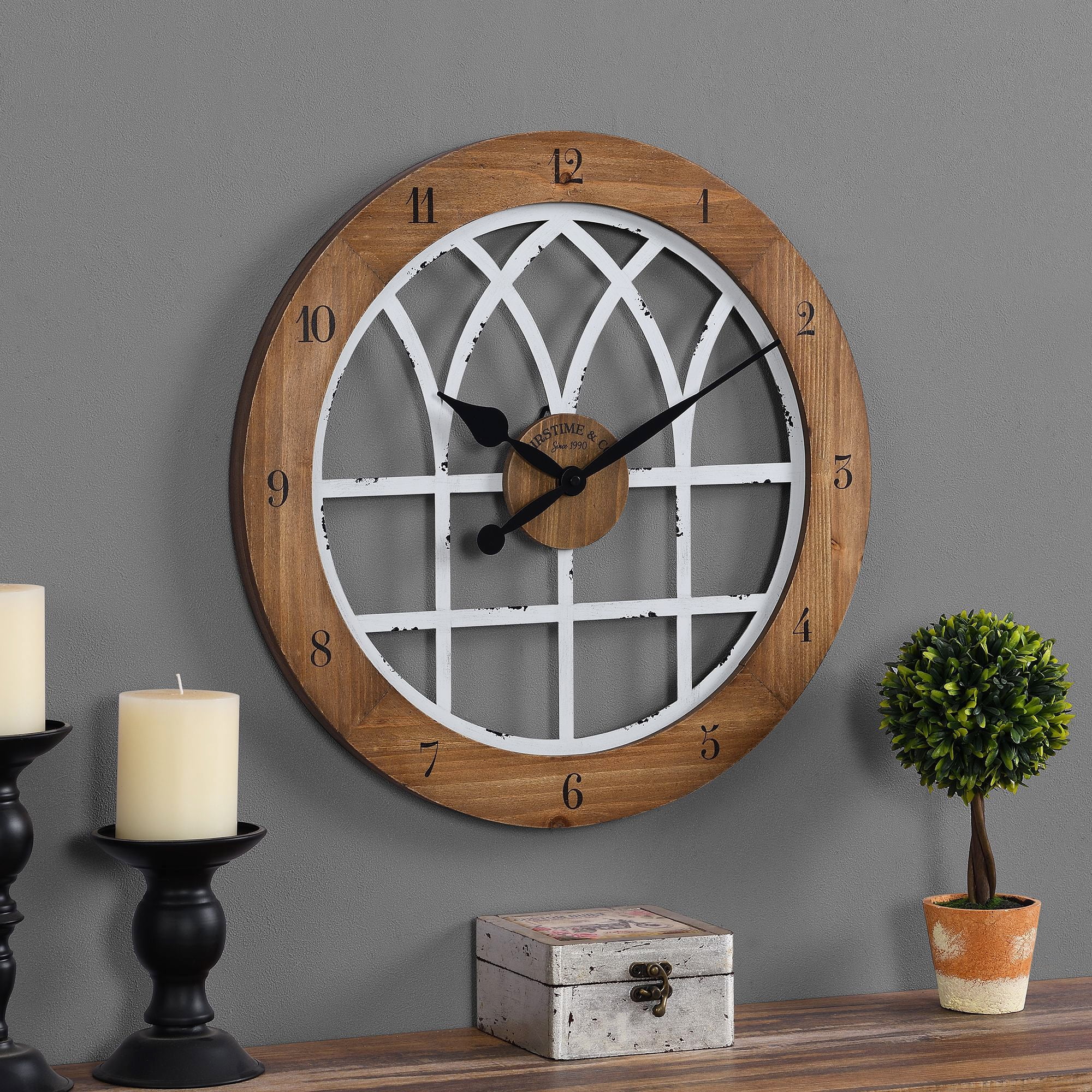 FirsTime Cathedral Arch Wall Clock, Weathered Brown & White, 18 in