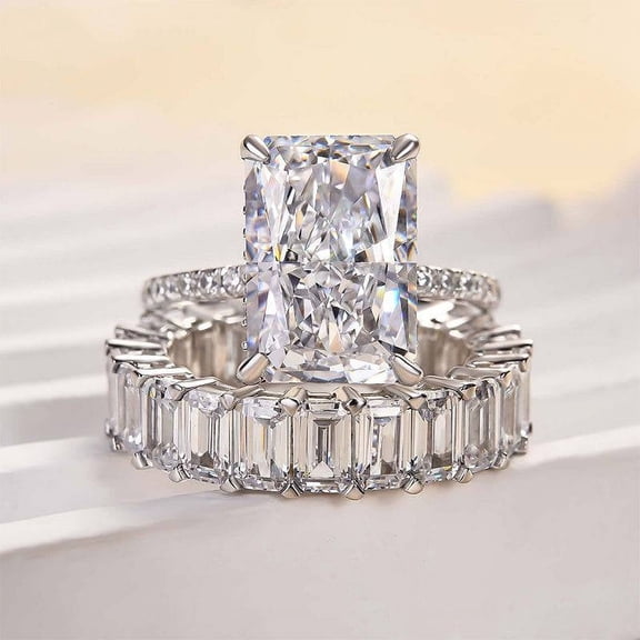 Eloya Jewel Radiant Cut Lab Created Diamond Engagement Ring Set - 1.4 Ct Hidden Halo Style in 14K White Gold Plated - Ring Set for Weddings and Special Moments