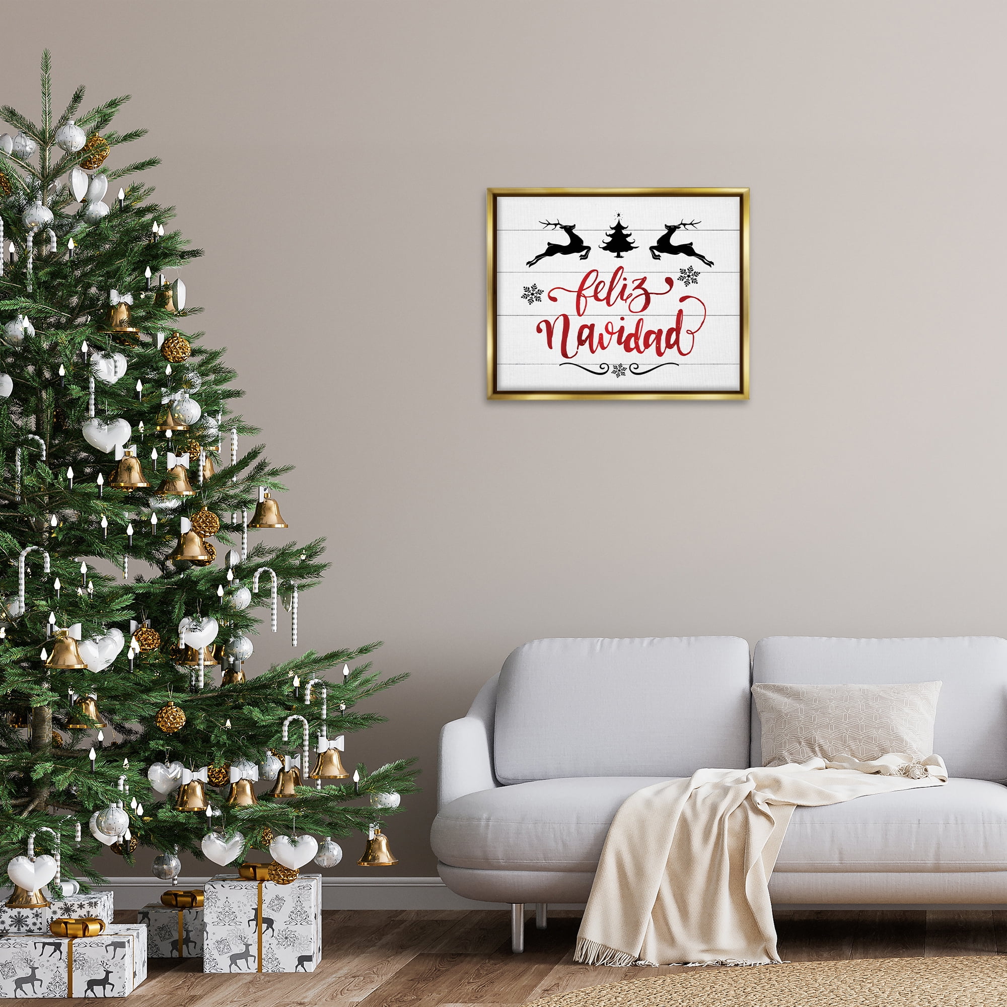 Stupell Industries Feliz Navidad con Renos Holiday Painting Gold Floater Framed Art Print Wall Art, 31 x 25