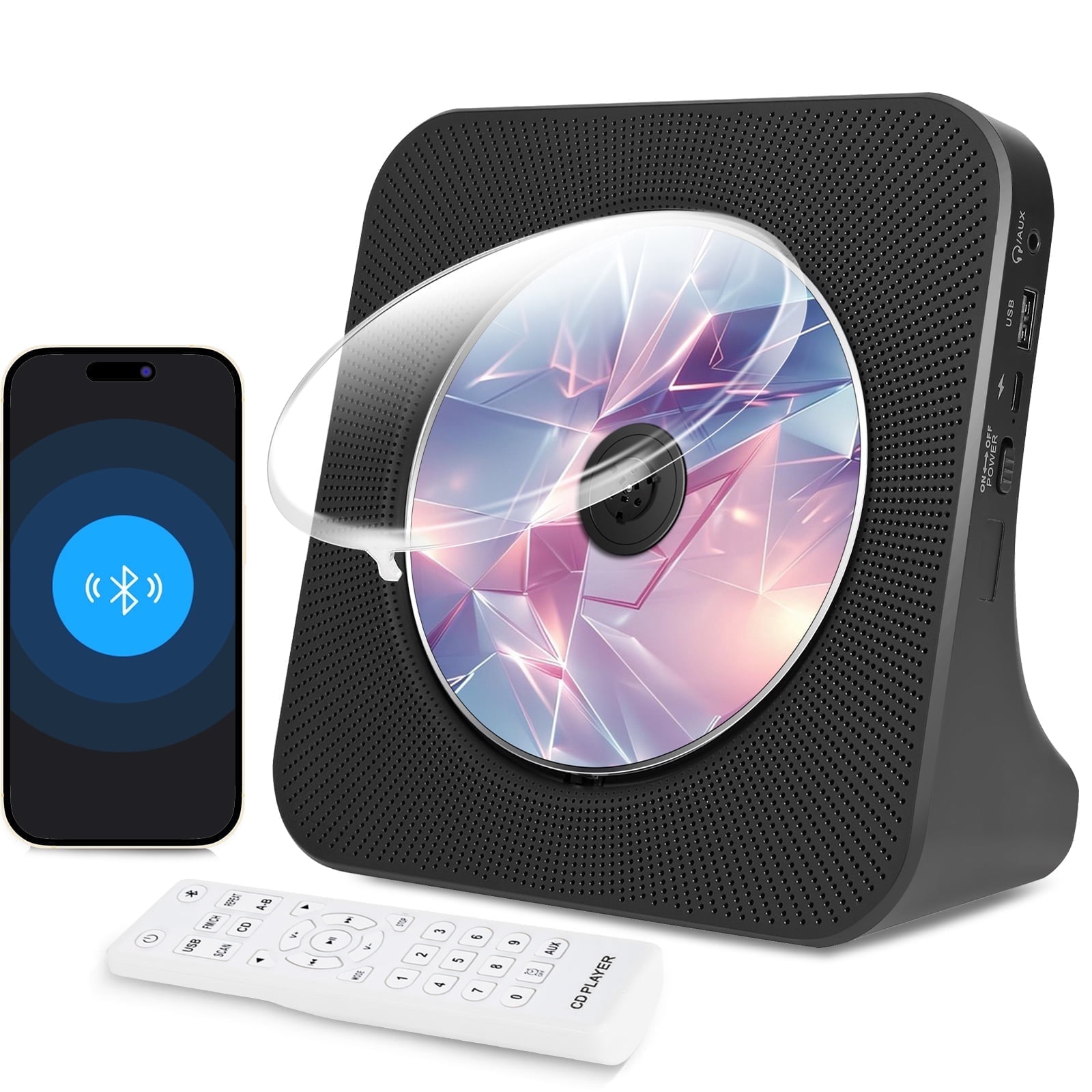 Bluetooth CD Players with HIFI Speakers, FM Radio, Desktop CD Player with USB AUX Port, Music Player for Home, Dust Cover,Remote Control