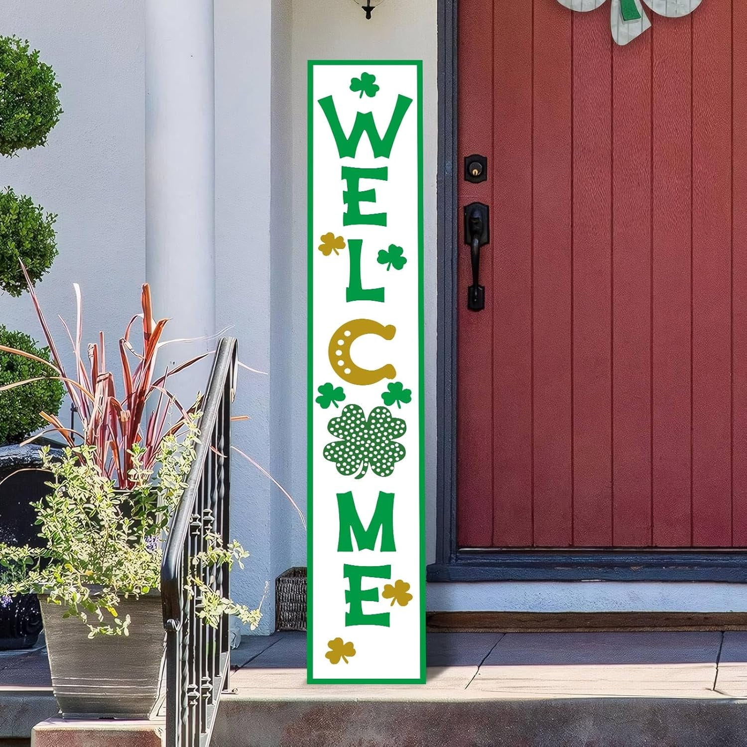 St Patricks Day Porch Sign, 47"H Wooden Saint Patrick's Tall Leaner Vertical Welcome Sign for Front Door Standing Decor, Irish March Outdoor Yard Decorations for Home