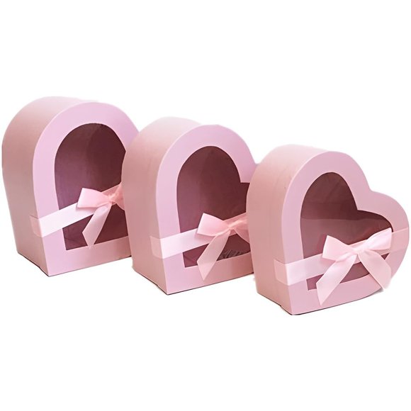 BBJ WRAPS Heart Shaped Boxes for Flowers Packaging with Transparent Window Lids Luxury Gift Box for Floral Arrangement, Set of 3(S/M/L) (Pink)