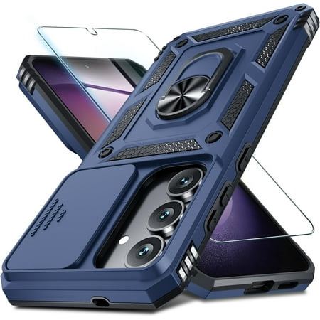 Cell Phone Cases For Samsung S25 FE Case Built in Slide Camera Lens Cover+Finger Ring Holder Kickstand,Heavy Duty Shockproof Full Body Phone Cover