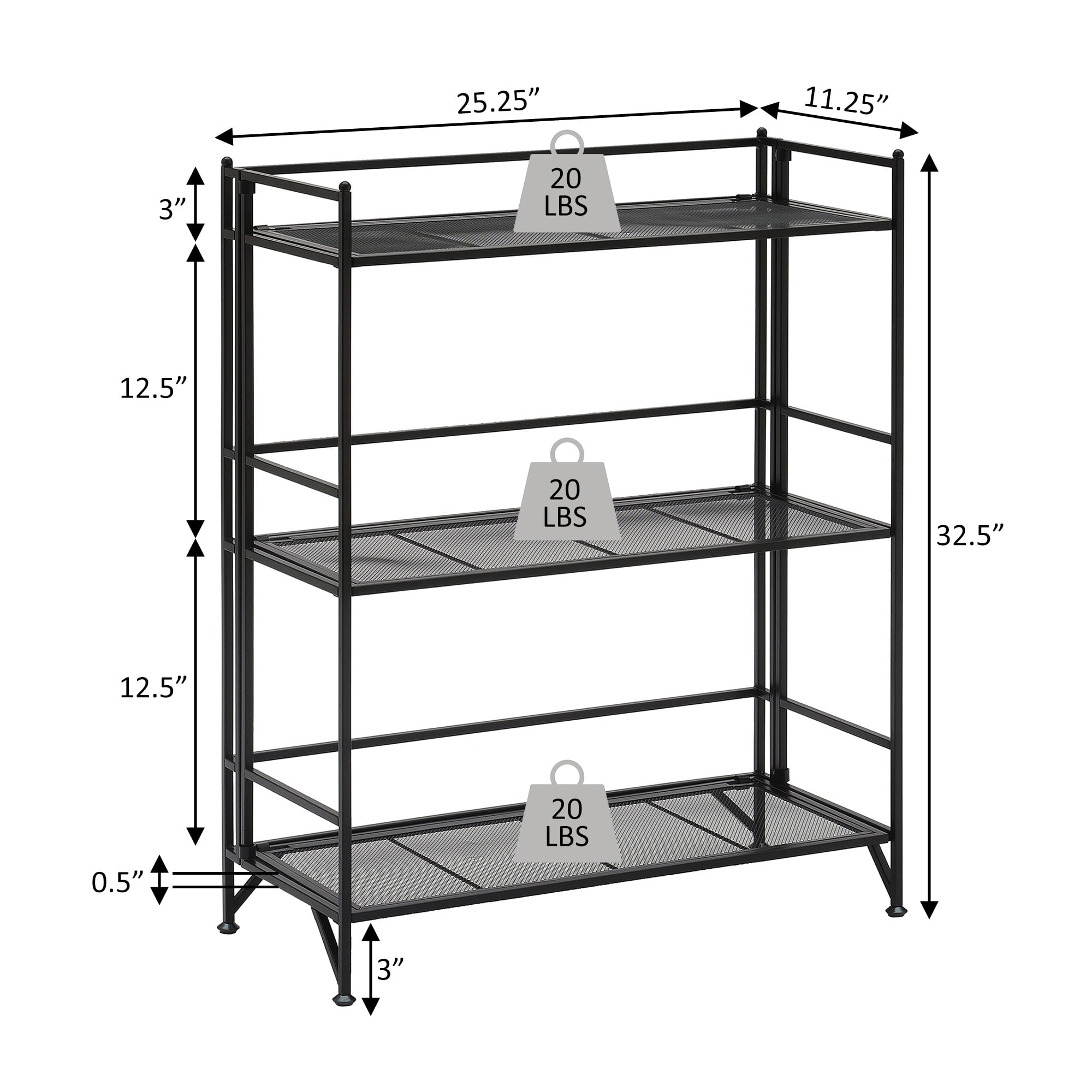 Convenience Concepts Xtra Storage 3 Tier Wide Folding Metal Mesh Shelf, White