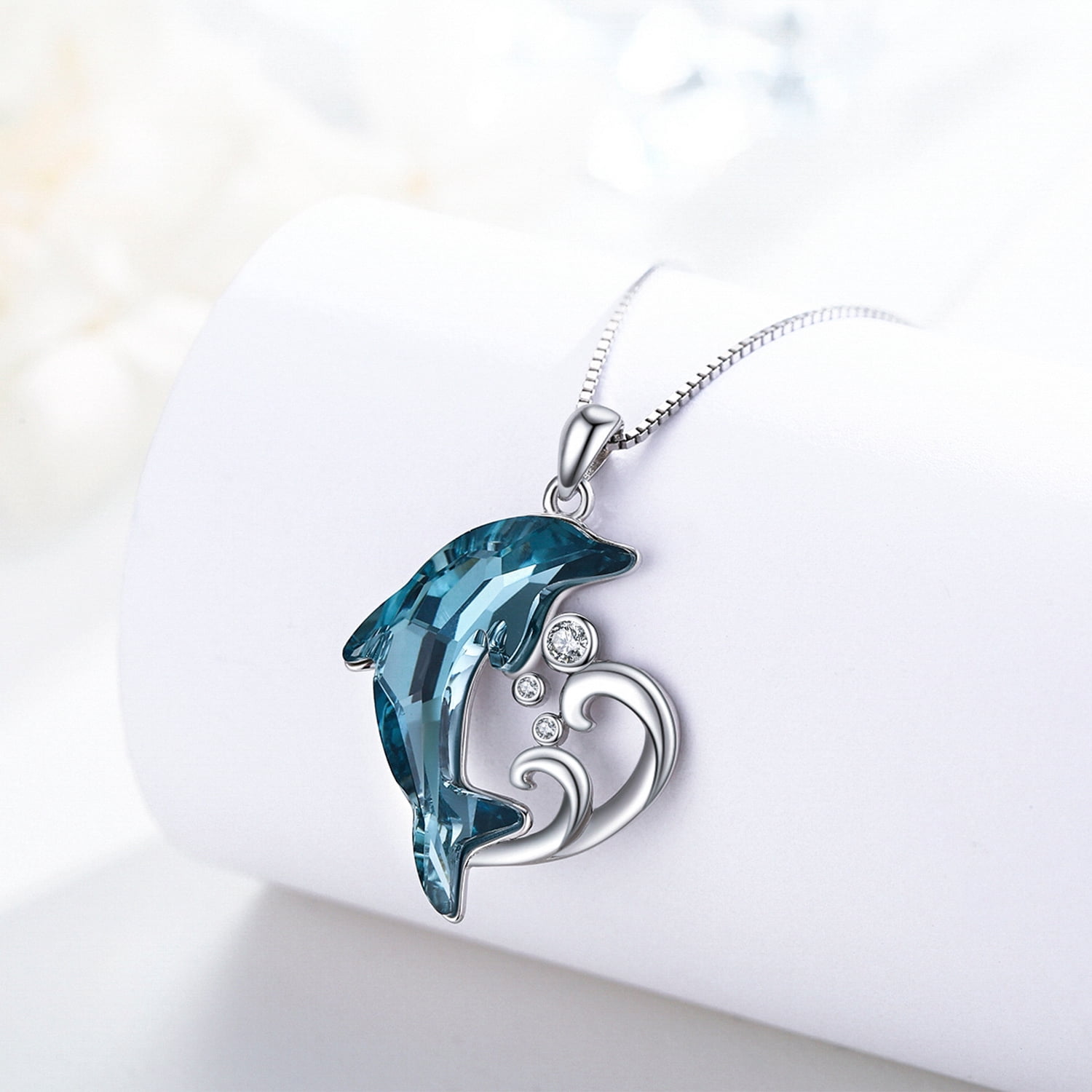 Coachuhhar Dolphin Necklace 925 Sterling Silver Blue Crystal Ocean Themes Pendant Necklace Jewelry Gifts for Women Mom Wife Birthday
