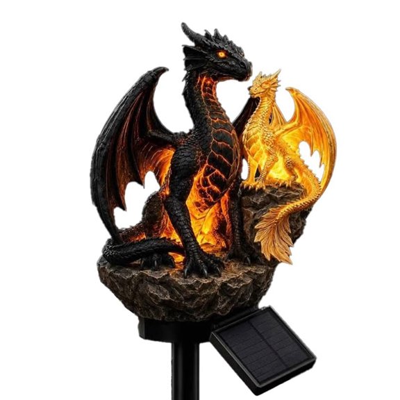 Solar Twin Dragon Garden Figurine Light Waterproof Resin Statue Lamp Auto Dusk Dawn Sensor Outdoor Walkway Lawn Landscape Decor Total 42cm (Double Dragon Light)