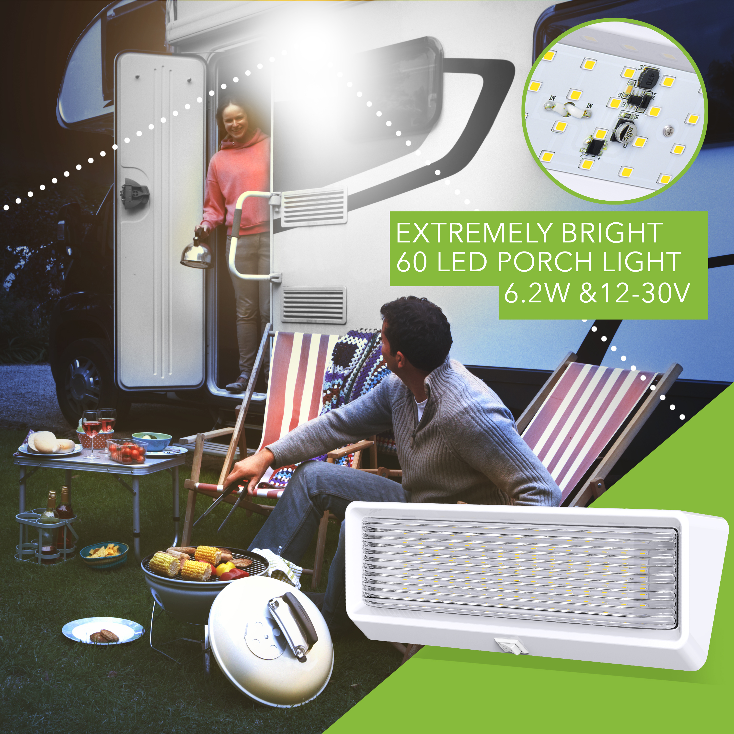 Leisure LED 12V RV Exterior Porch Light – Black Housing With Switch – Cool White