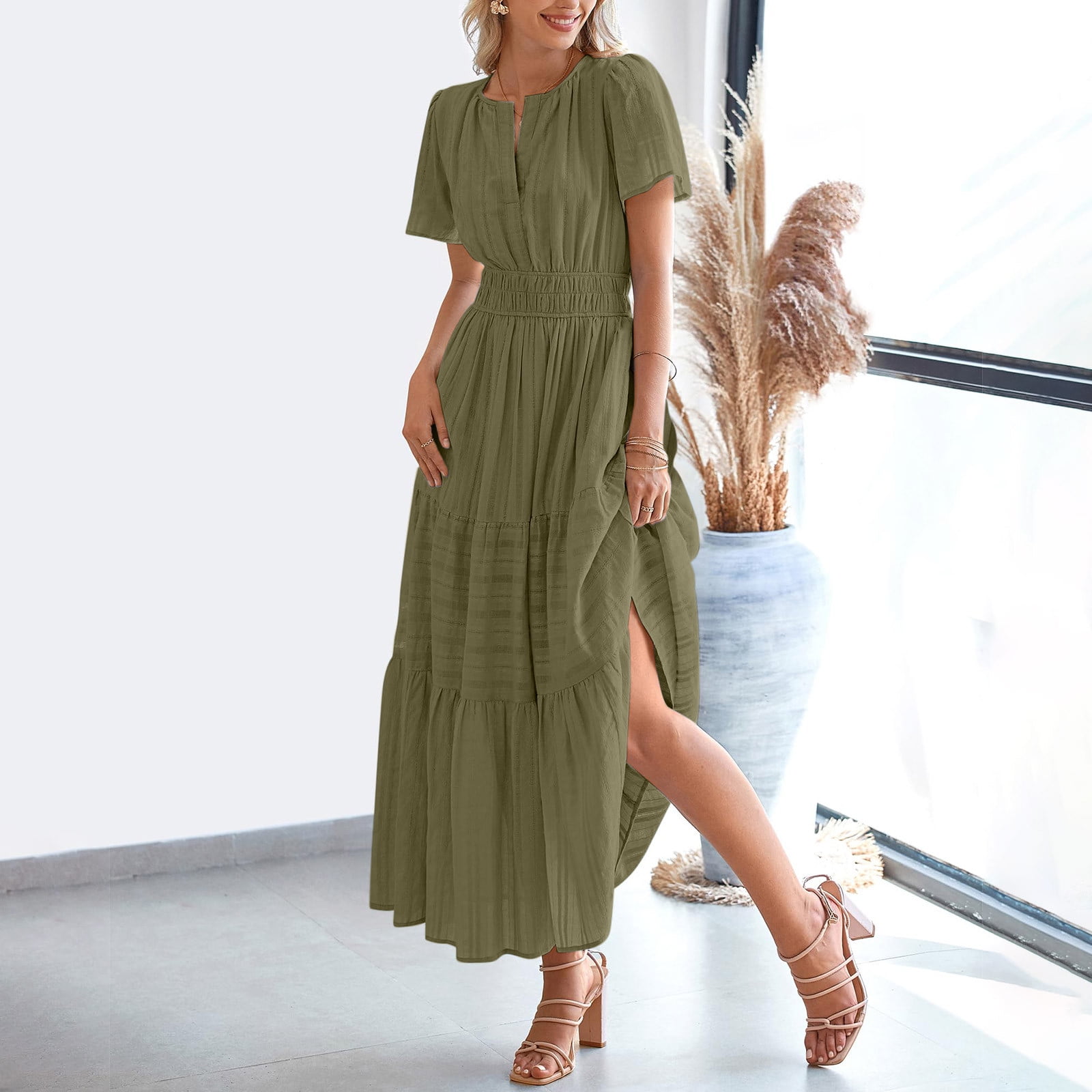 Lorytime Dresses for Women Mid Length Green Summer Short Sleeve Midi Dress Pleated Tiered Hawaiian Flowy Calf Length Dresses Solid V Neck Dress Loose Vacation Trendy Clothes L