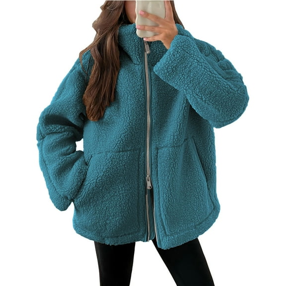 Feimerou Fleece Jacket Full Zip Oversized Sherpa Fuzzy Casual Coats Puffy Warm Winter Fall Outerwear 2024 Clothes with Pockets Sales
