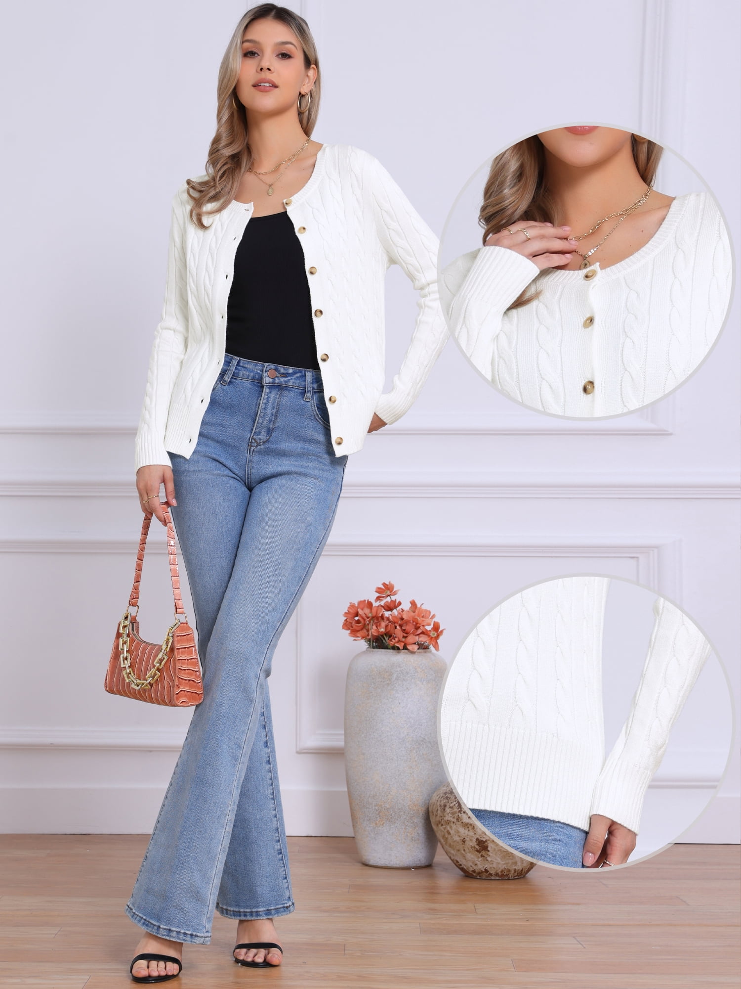 DARING DIVA Women's Cable Knit Button Down Long Sleeve Cardigan Sweater XL White