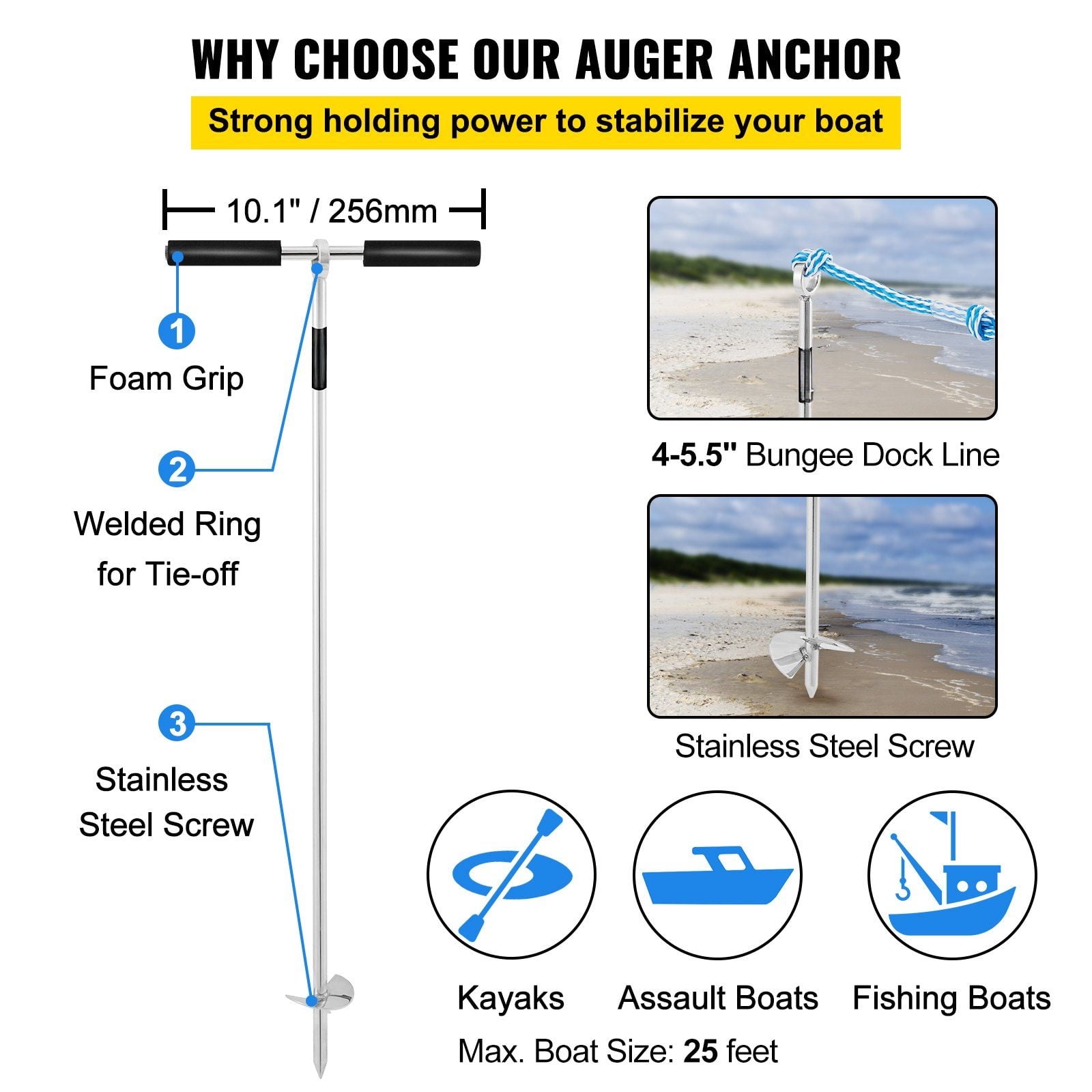 36" Stainless Steel Sand Screw Anchor, 316 Marine-Grade Auger with Removable Torque Handle & Bungee Tether, for Jet Ski Beach Parking, PWC Sandbar Mooring and Kayak/Pontoon Shore Anchoring
