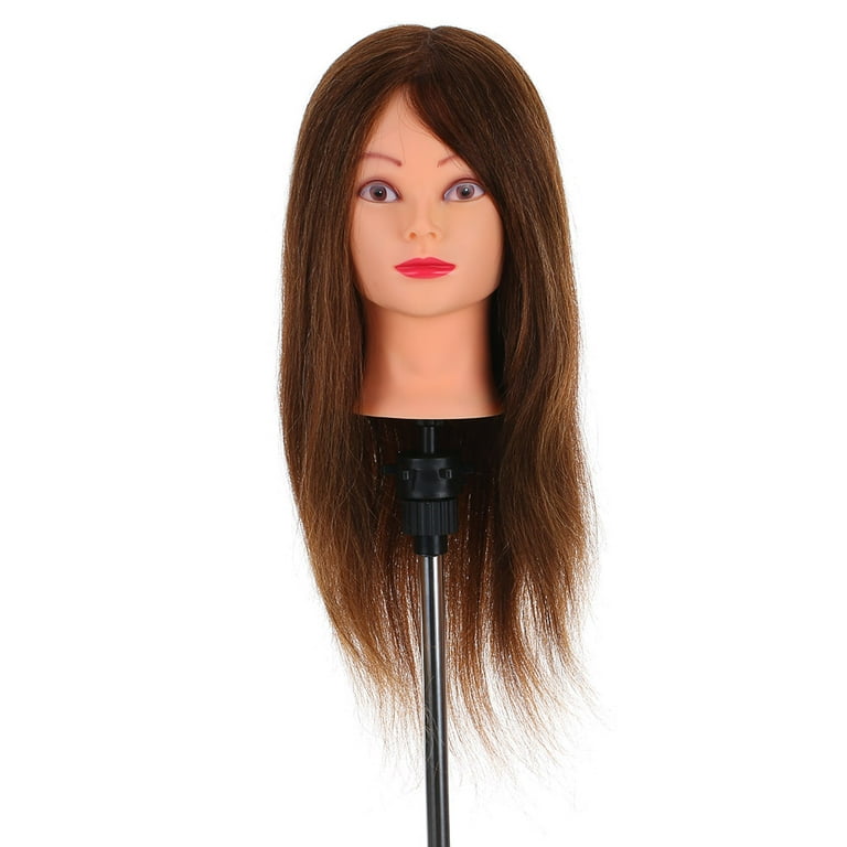 24 inch 100% Real Human Hair Mannequin Head Hairdressing Training Head Cosmetology Doll Head with Table Clamp Stand Hairdresser Practice Tool Dark