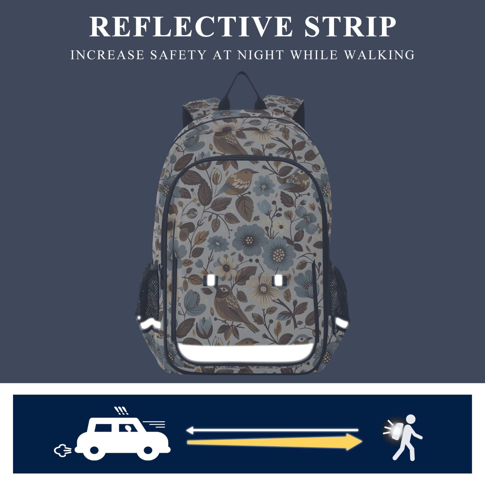 Mochila escolar unisex de 17", casual, para viajes, con bolsillos, estampado floral de pájaro marrón 5