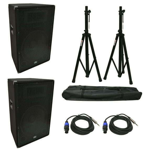 (2) Harmony Audio HA-V15P DJ 15" 900W PA Speaker Speakon to 1/4" Cables & Stands
