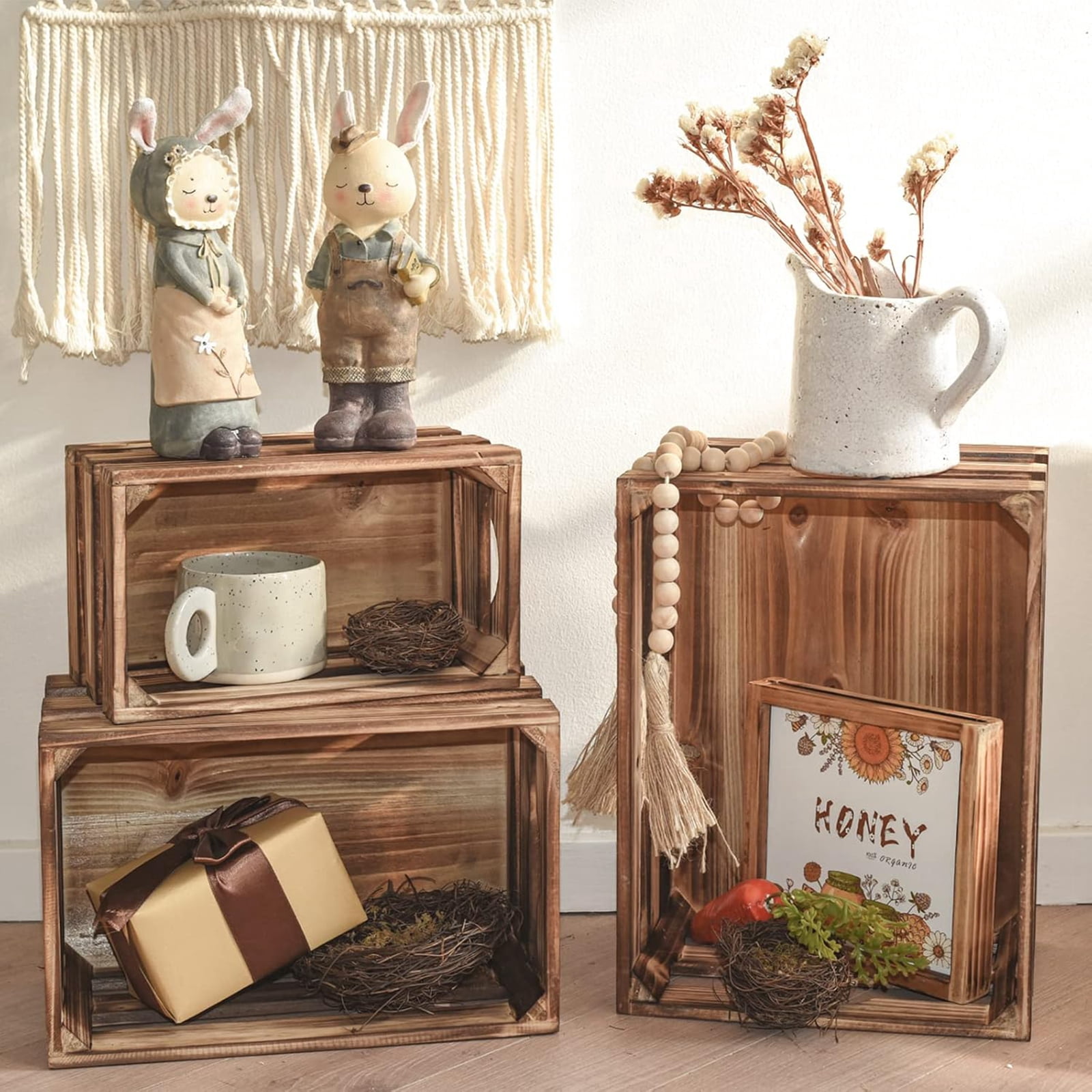 EMAX HOME Rustic Wooden Crates Set with Handle – 3 Sizes for Home Organization – Vintage Decorative Box for Storage, Display, and Crafts