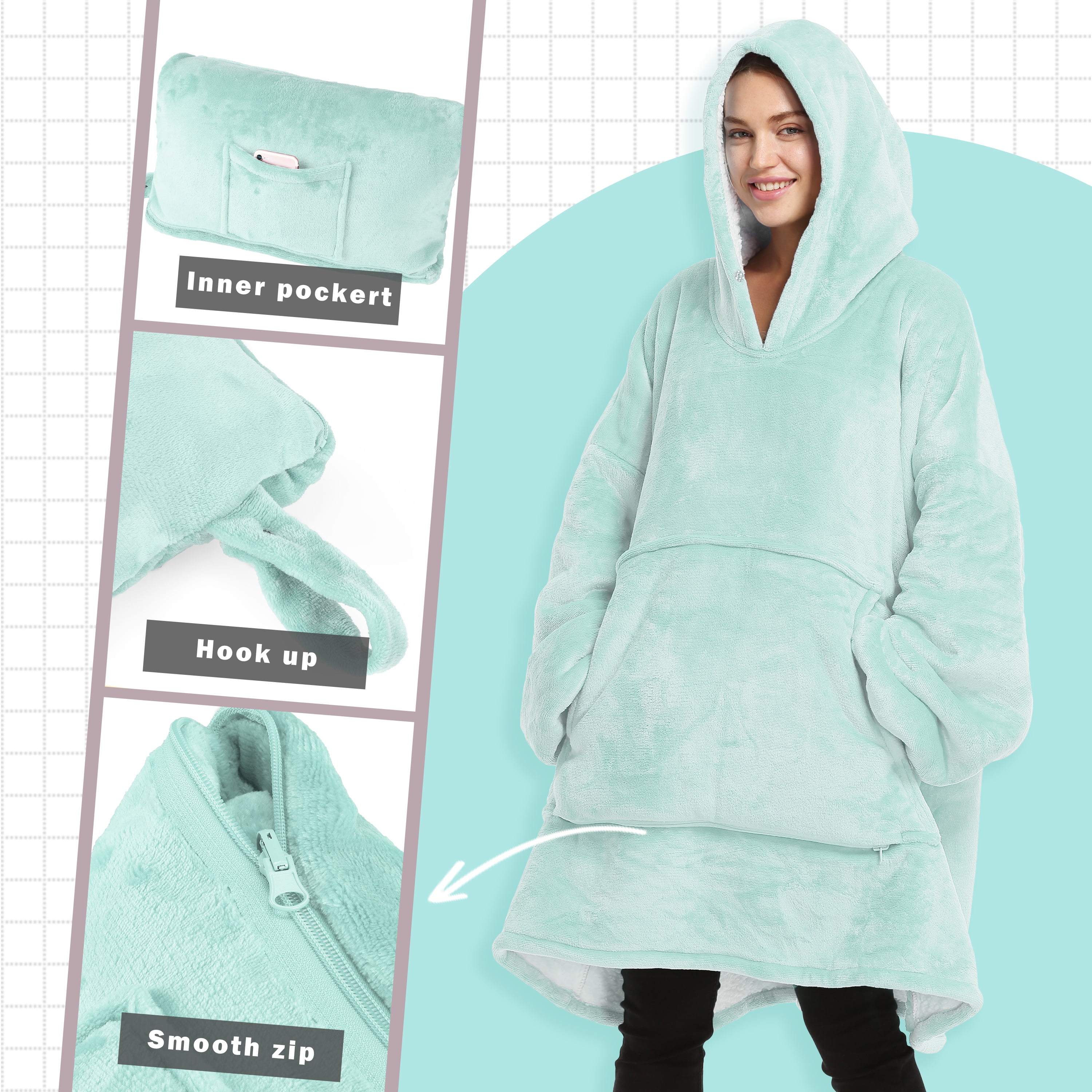 Oversized Hoodie Sweatshirt, Wearable Sherpa Blanket Pullover, Soft Warm Comfortable Portable Travel Sweater Pillow for Adults Men Women, Gift for Her