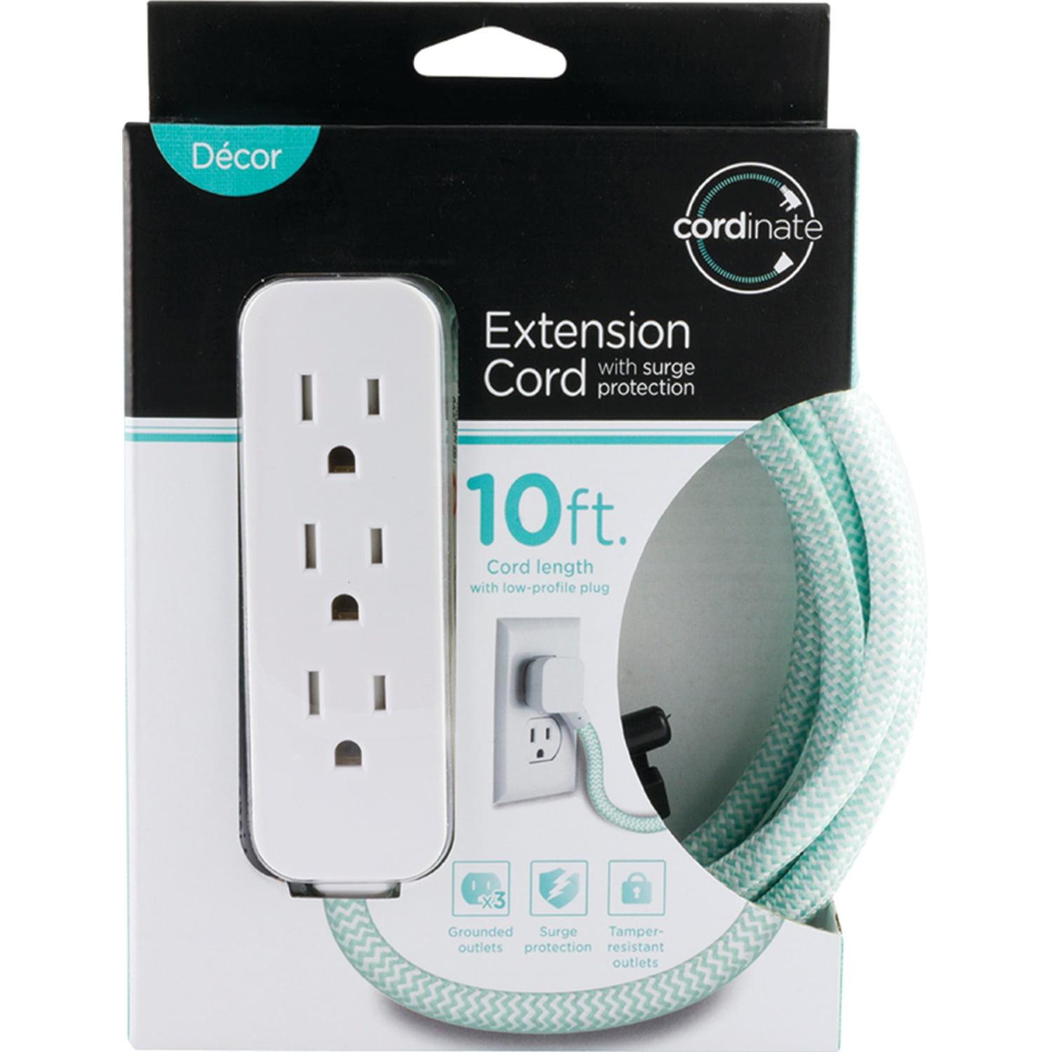 Cordinate 3-Outlet Surge Protector, Mint/White, 10ft. Braided – 37915