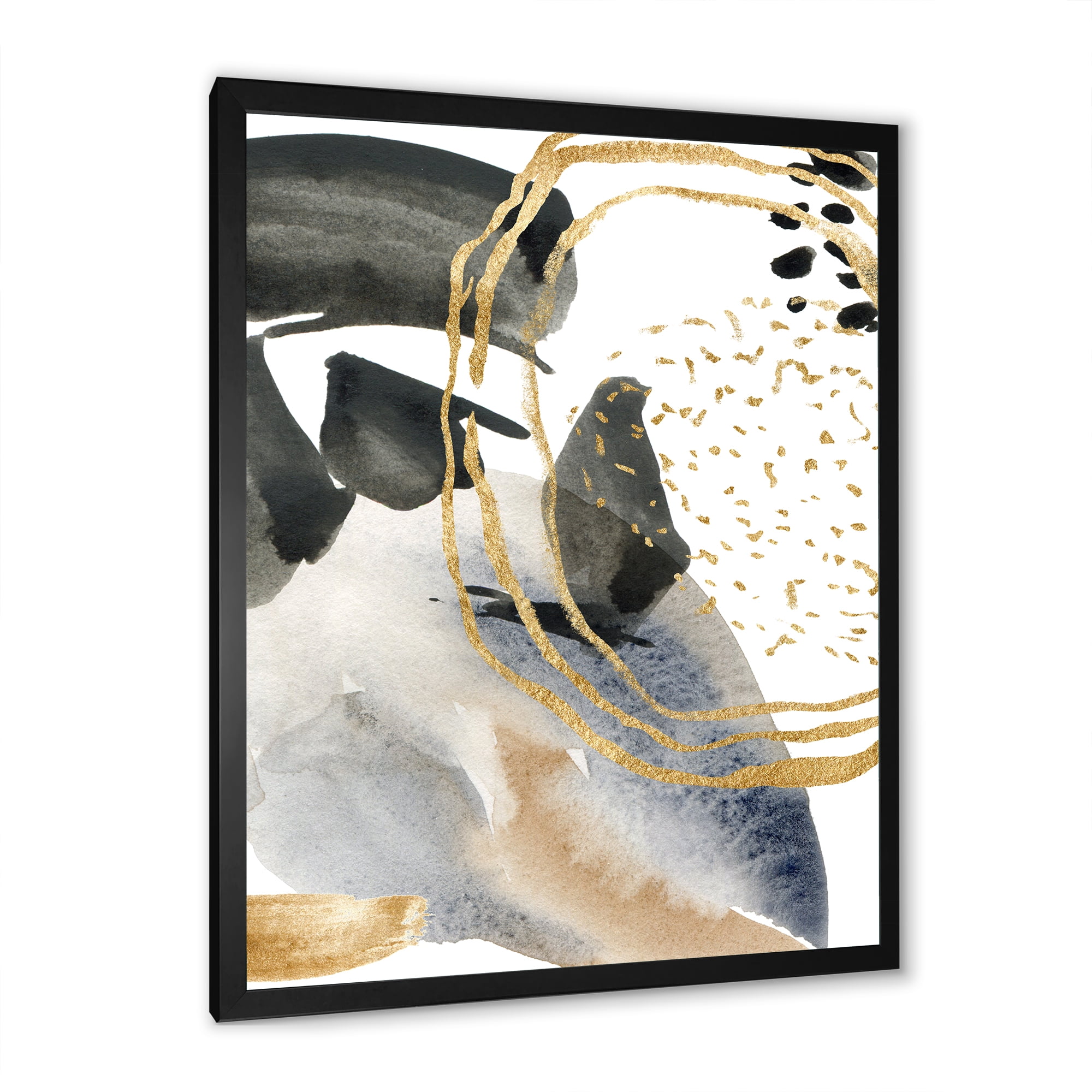 Designart 'Pastel Abstract With Black Blue Beige and Gold Spots' Modern Framed Art Print