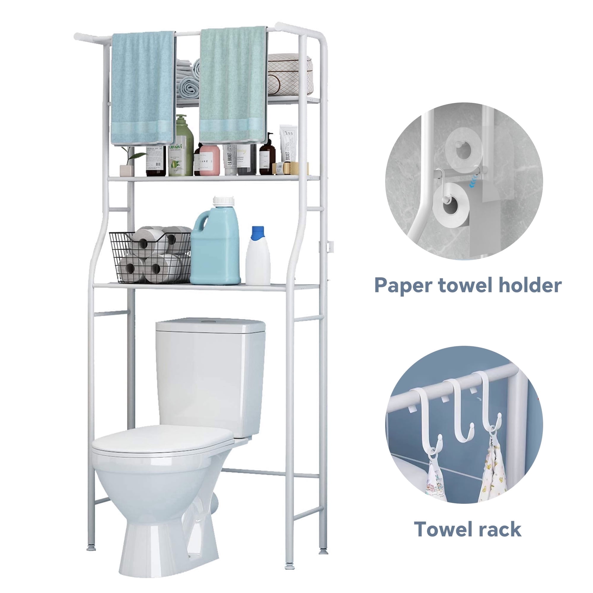 HioHa over the toilet rack, 3-tier freestanding bathroom organizer with paper holder and 3 hooks, space saver shelf, white