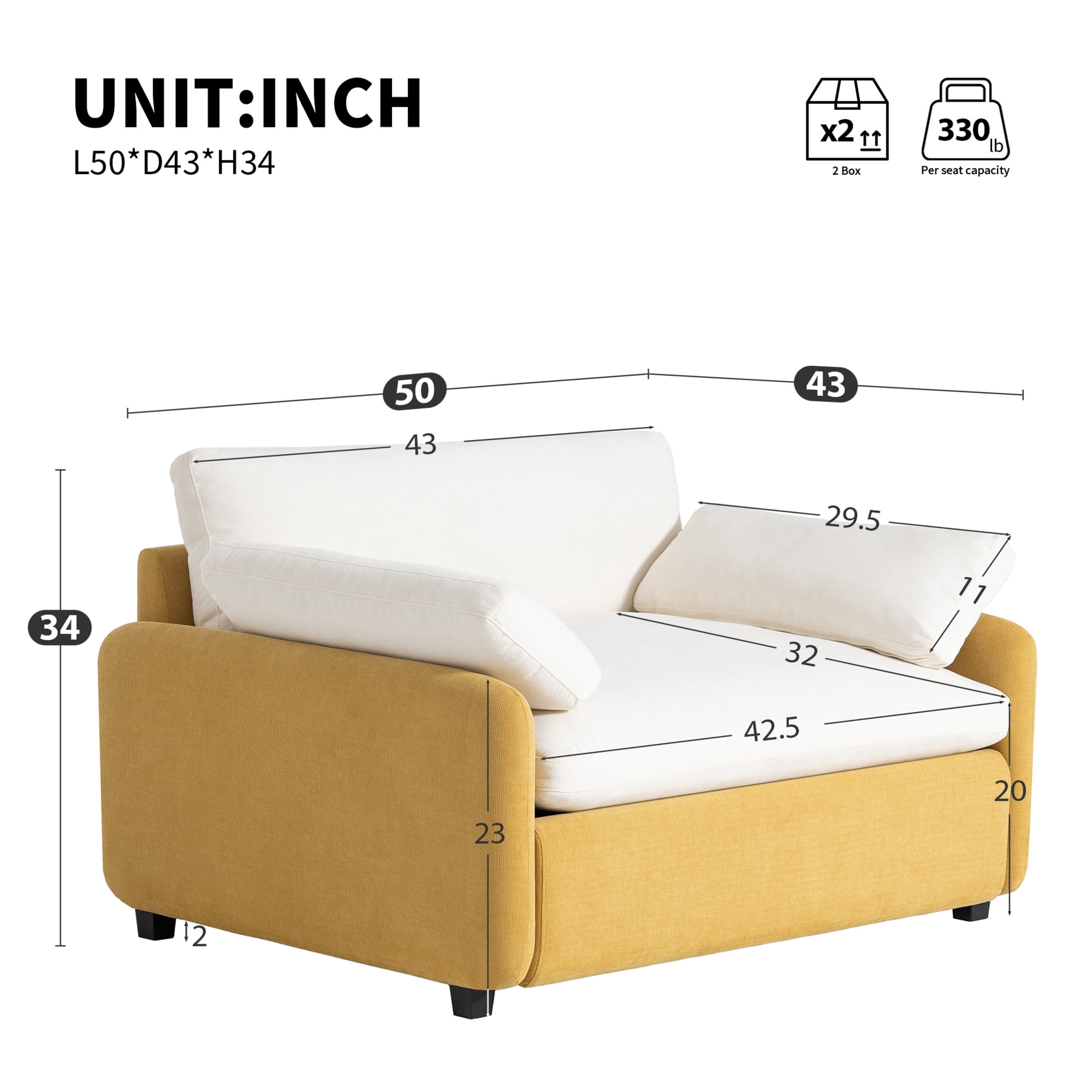 Noble House Iveron Oversized Chenille Upholstered Single Sofa Chair, Armchair Couch with Armrest Pillows, Yellow & Cream